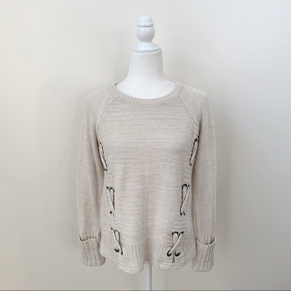 American Rag Grommet Lace Up Sides Cream Sweater - Picture 1 of 7